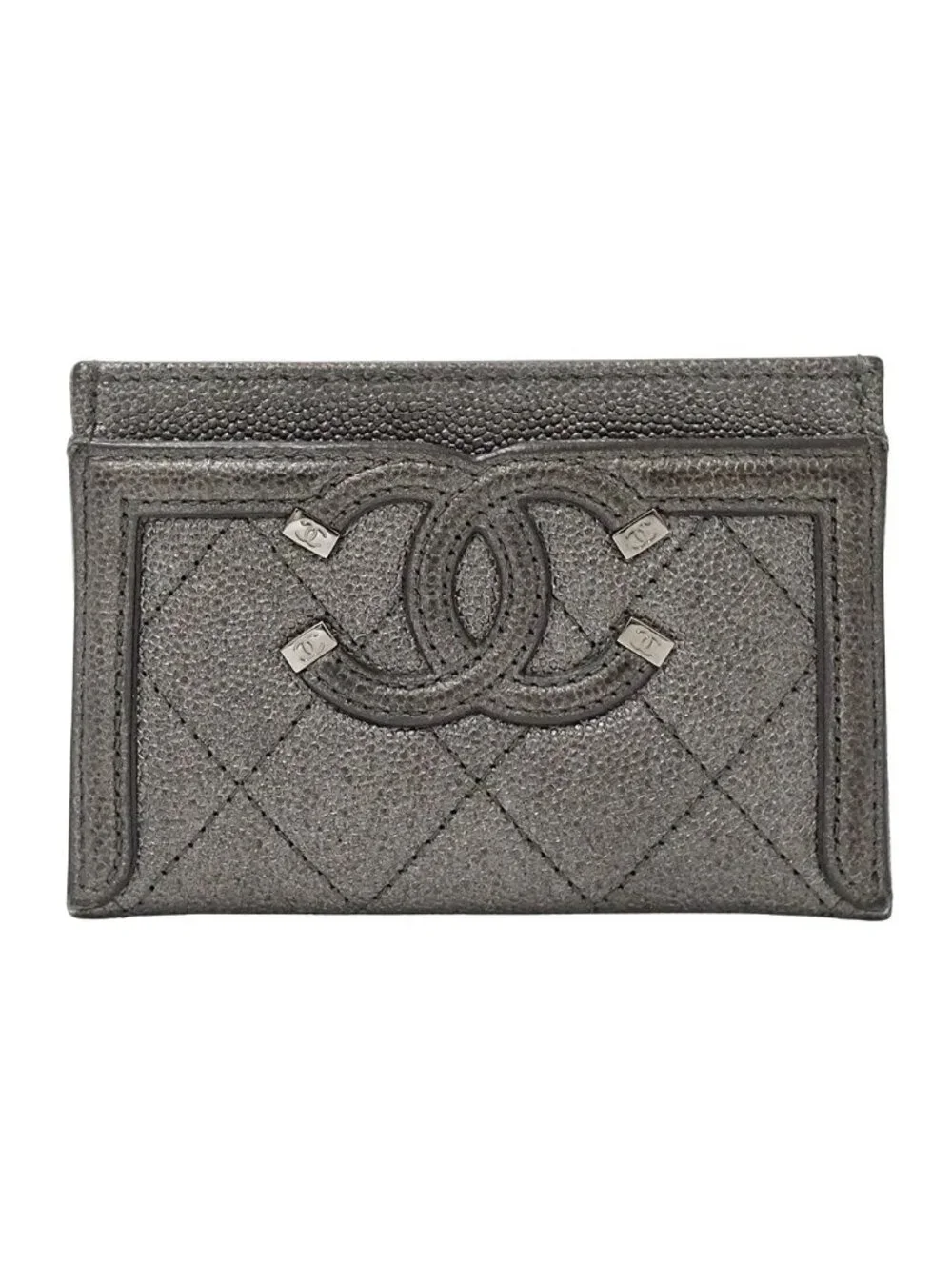 Chanel Card Case Quilted CC Filigree Caviar Leather Gray Silver Metallic